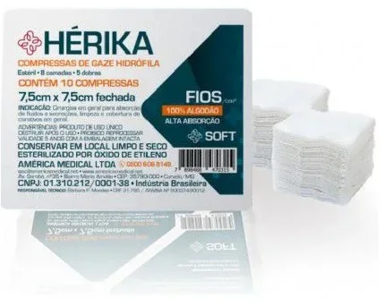 Hérika - Compressa de Gaze Estéril 7,5cm x 7,5cm 13 Fios C/10 Un